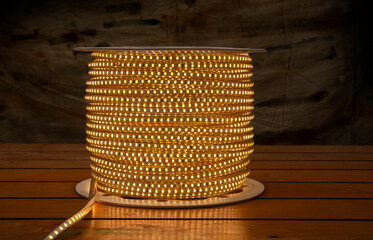 LED rope light strip closeup view with lightening bulb