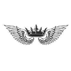 Fototapeta premium Illustration of king crown and wings in monochrome style. Design element for logo, emblem, sign, poster, t shirt. Vector illustration