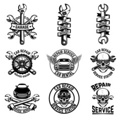 Obraz premium Set of car repair emblems. Design element for logo, label, sign, badge. Vector illustration