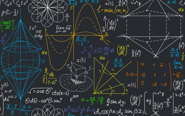 Multicolored vector seamless pattern with handwritten geometry and algebra formulas