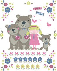 Bear family and little girl themed baby and kids t-shirt print, fashion print design, can be used for kids wear, baby shower, celebration, greeting and invitation.