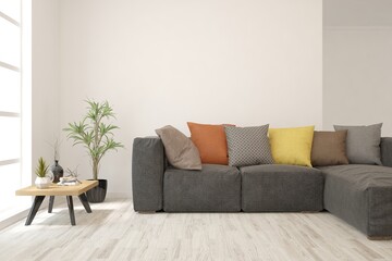 White living room with sofa. Scandinavian interior design. 3D illustration