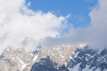 Obraz premium The Aiguille de Blaitiere and the Aiguille du Plan in the Mont Blanc massif in Europe, France, the Alps, towards Chamonix, in summer, on a sunny day.