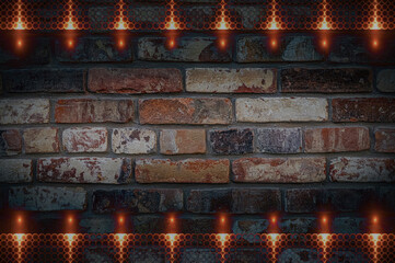 Brick wall background with abstract neon lights