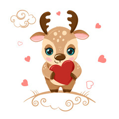 A cute fawn holds a heart in its paws.
