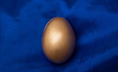 Golden egg micro view on blue velvet background