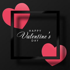 Happy Valentines Day greeting card with 3d pink heart on black background. Vector illustration