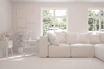 Fototapeta Stylish room in white color with sofa and summer landscape in window. Scandinavian interior design. 3D illustration obraz