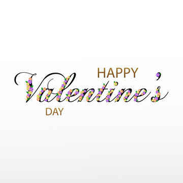 Happy Valentines Day greeting card with text from colorful bright flowers . Vector illustration.