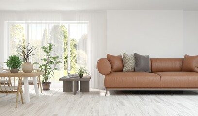 White living room with sofa and summer landscape in window. Scandinavian interior design. 3D illustration