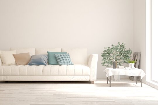 Soft color living room with sofa. Scandinavian interior design. 3D illustration