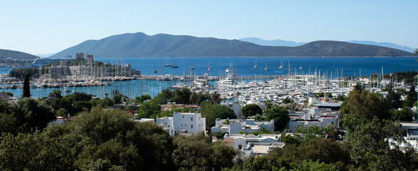 Panoramic view of the bay off the coast of Bodrum, Aegean Sea, Turkey