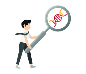 DNA chain and magnifying glass. Science concept, DNA research sign on white background, genetic testing with magnifying glass icon for web and mobile. Vector graphics.
