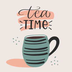 Vector calligraphy illustration. Slogan of Tea time with brushstroke. Retro icon of cute cup. Concept for teahouse, delivery, cafe, restaurant. Tee shirt graphic. 