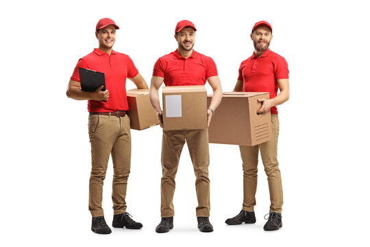 Group of delivery men carrying cardboard boxes