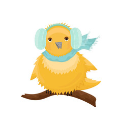 Cute bird with scarf and earmuffs on tree branch. Cold season concept.