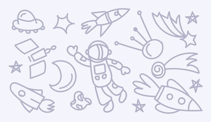 A set of Doodle cosmos illustrations, elements for any purpose. Spacecraft, planets, stars and UFOs. Print vector lines or banner.