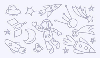 Obraz premium A set of Doodle cosmos illustrations, elements for any purpose. Spacecraft, planets, stars and UFOs. Print vector lines or banner.