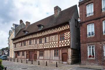 Fototapeta Half-timbered house named Henri IV, built in 1540 in the town of Saint-Valéry-en-caux in Normandy, France obraz
