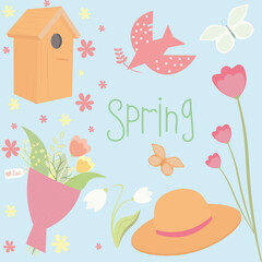 A set of vector illustrations for the spring Easter theme: a hat, a birdhouse, a bouquet of flowers for the eighth of March, a lily of the valley, a bird, a butterfly