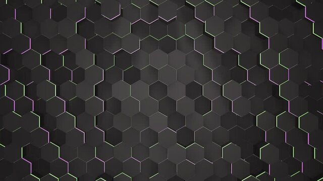 Dark small black hex grid pattern and neon light, abstract business, corporate and futuristic style background