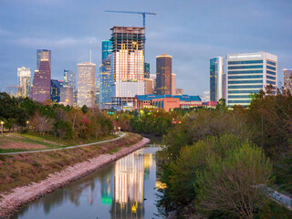 Twilight view of the skyline from Rosemont Pedestrian Bridge