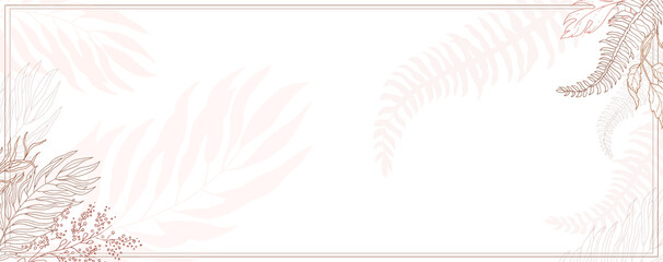 Rectangular frame made of delicate flowers and branches on a white background. Minimalism of forms, pastel shades and abstraction. Leaves with plant flowers. Vector illustration.