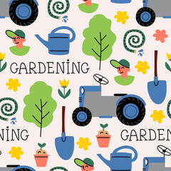 Vector colorful pattern on the theme of garden and agriculture. Cartoon background with garden tools and equipment