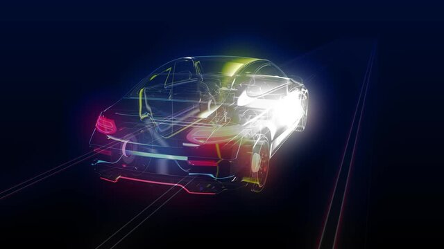 Futuristic car outline driving fast on an infinite road. Sports car animation with clear interior. Holographic animation of modern car