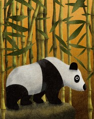 Cute panda against bamboo background © Olga Andrus