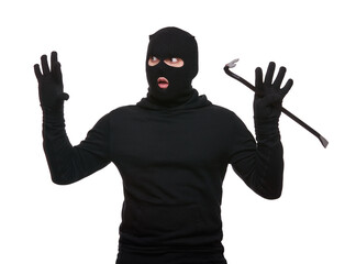 Thief in mask with crowbar on white background - obrazy, fototapety, plakaty