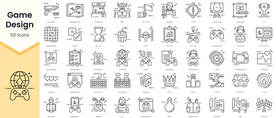 Fototapeta na wymiar Simple Outline Set of Game Design Icons. Thin Line Collection contains such Icons as action game, adventure, arcade game, boss and more