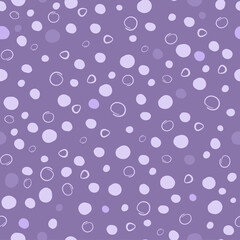 The seamless pattern is simple, abstract. Chaotic circles, drops, dots on a purple background. Vector graphics.