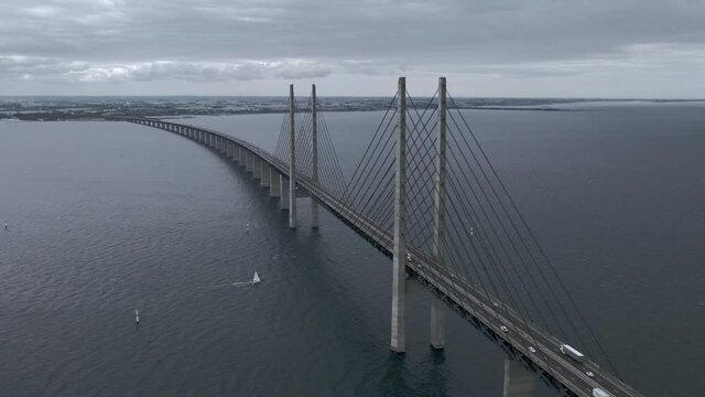 Aerial view of Oresund bridge during a cloudy day, the bridge between Denmark and Sweden.