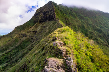 The ridges of the Pali Notches hike in Oahu, Hawaii. Hiking in Hawaii with drone photography!