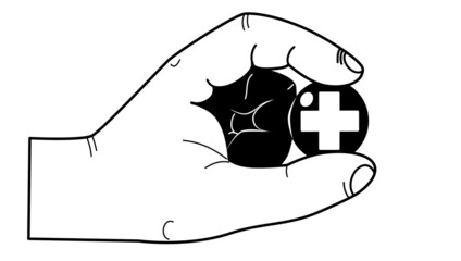 The hand holds the medicine pill