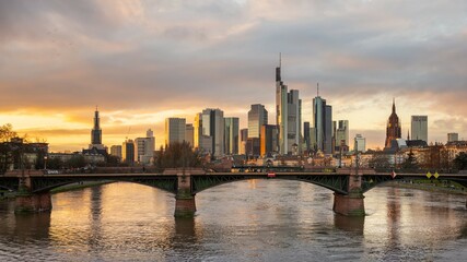 Naklejka na ściany i meble River view at sunset of Frankfurt am Main in Germany.