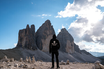 Man with Sea shepherd sweatshirt in the Dolomites Italy.