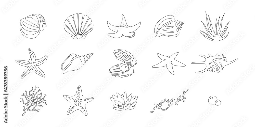 Poster Set of seashells and starfishes. Continuous one line drawing of oyster mollusk with pearl corral and snail shells in simple linear style. Modern minimalist outline icon. Doodle Vector illustration