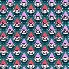 Funny gnomes with red and pink hats on green background. Seamless pattern for wallpaper, web sites, wrapping paper, for fashion prints, fabric, design.