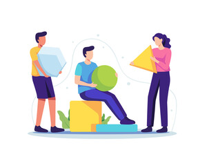 Group of people working together as team. Young men and women collecting shapes and organize them. Vector illustration in a flat style