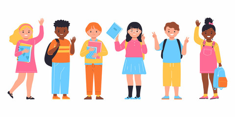 Group of school children with stationery. Smiling characters isolated on white background.Flat Vector Illustration.