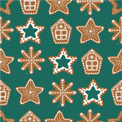 Winter seamless pattern wiht gingerbread. Vector design template.