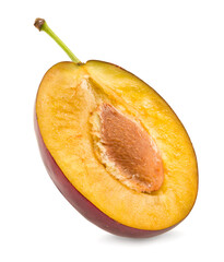 half of fresh plum fruit isolated on white background. clipping path