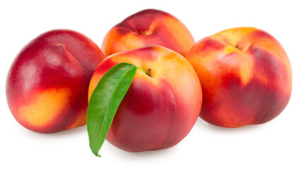 Nectarine with green leaf isolated on white background. clipping path