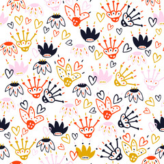 Flowers vector seamless pattern. Super colorful and fun print. Ideal for wrapping paper and fabric. Different pastel colors, delicate and elegant, hand-drawn inline strokes. Boho cute colors. Backdrop