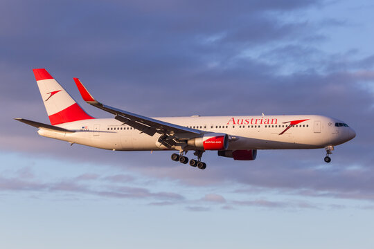 Austrian Airlines Boeing 767 landing at airport Vienna in Austria arriving from Washington