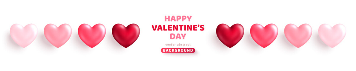 Valentine's day rose pink and red gradient hearts set isolated on white background. Vector illustration. 3d pastel love symbols. Valentin holiday icons, concept header pattern, glossy balloons banner