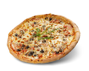 Pizza with cheese and tomato sauce isolated on white background. Deliciouse topping.