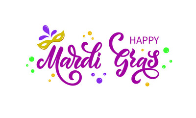 Happy Mardi Gras meaning Fat Tuesday lettering card. Hand drawn text. Modern brush ink calligraphy with mask, feathers, beads. Typography design for greeting card, poster, banner. Vector illustration